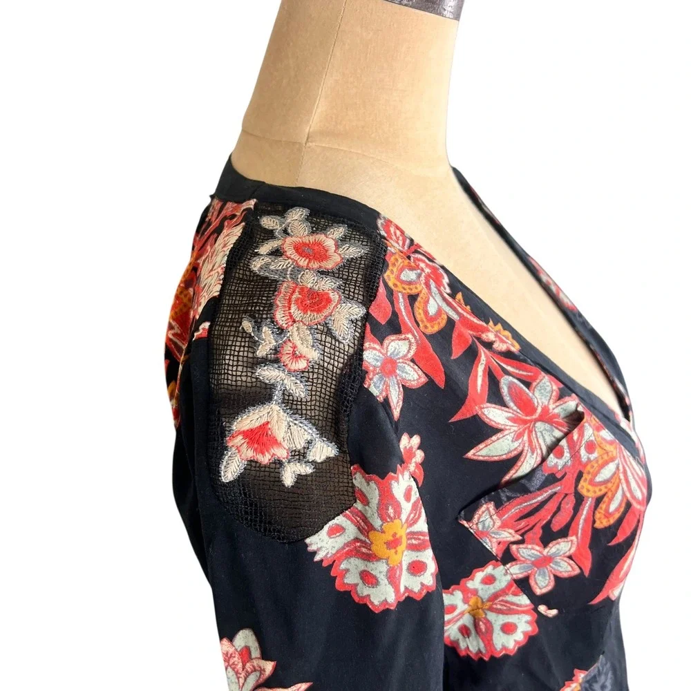 Free People Floral Embroidered Mesh Shoulder Button Front Midi Dress Black Sz 2